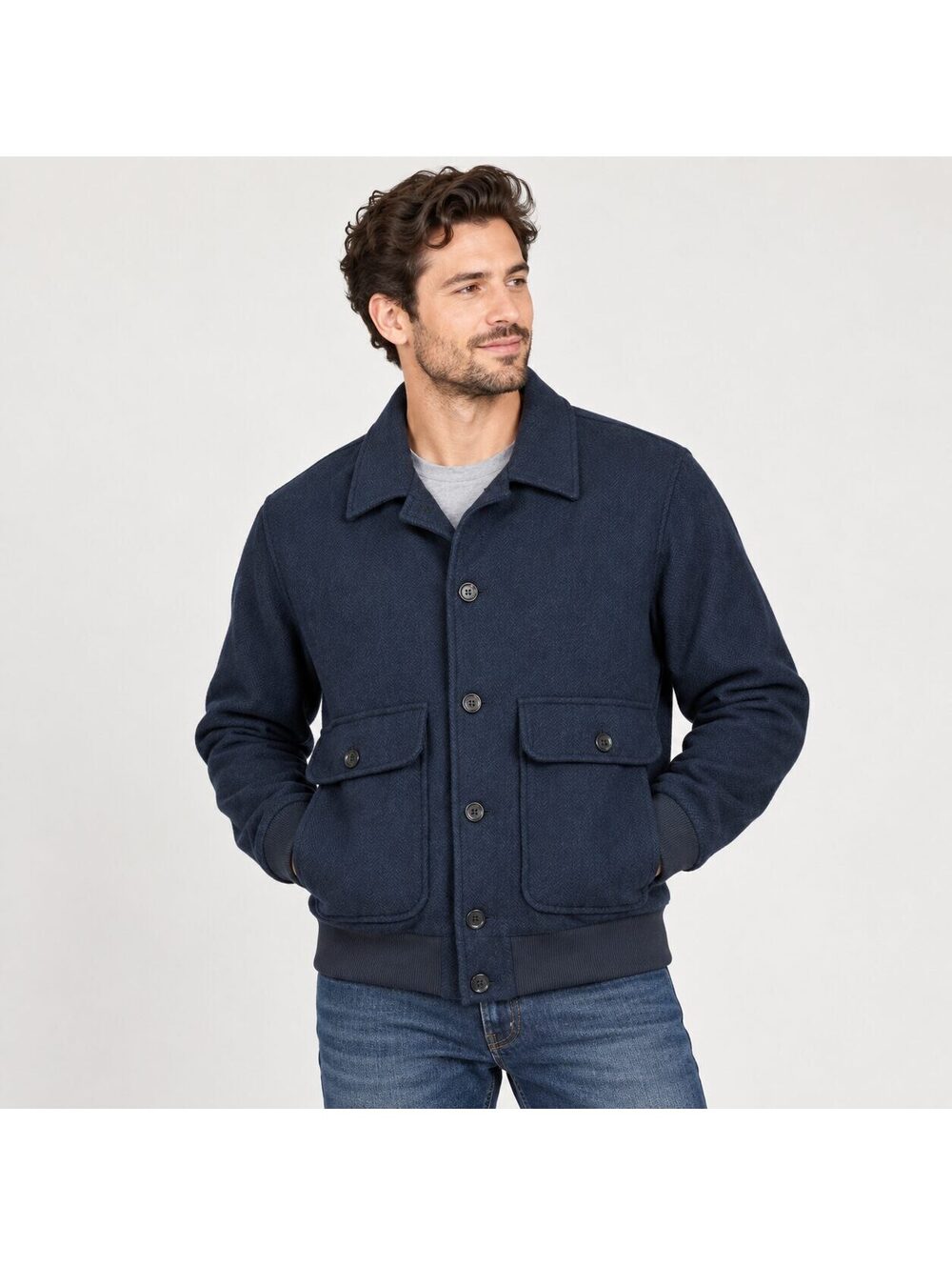 Slate & Stone Men's M Navy Wool Blend Herringbone Bomber Jacket